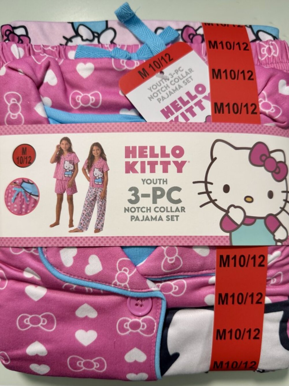 Hello Kitty Sanrio Girls 3-Pc Pajama Set Size M 10/12 NWT Flame Resistant